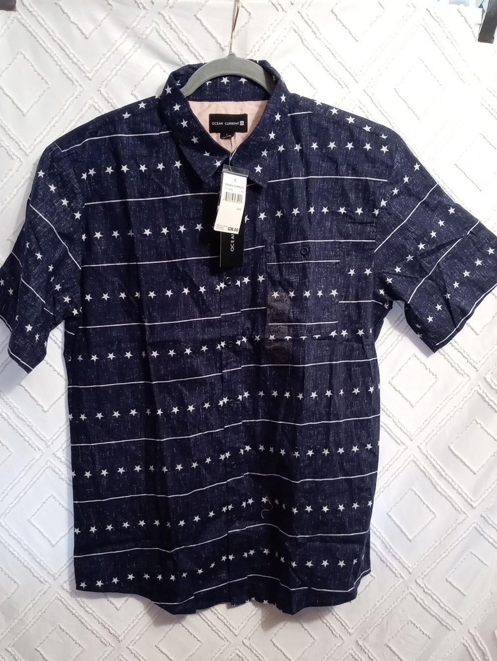 *❤️Ocean Current Navy Blue Star & Stripe Short Sleeve Button-Up